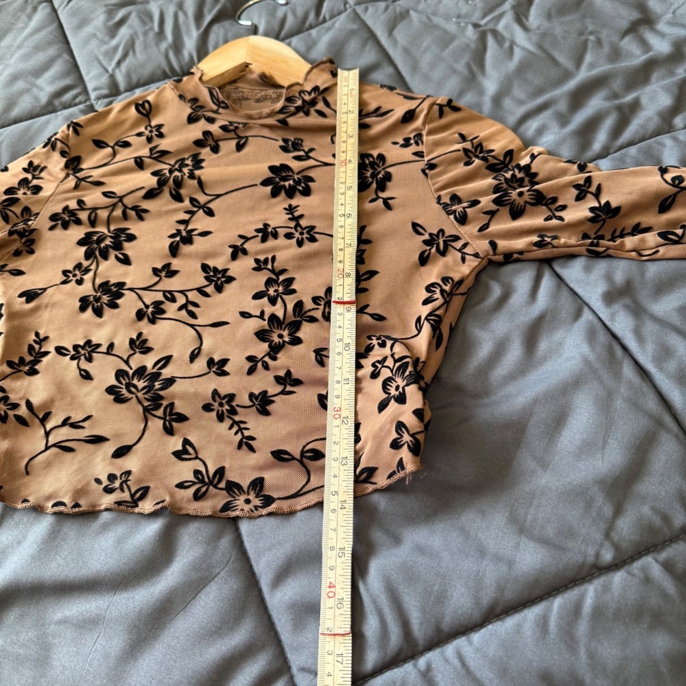 Dazy Mesh Crop Top Womens Size S Brown Black Flocked Floral Mock Neck Exc. y2k‎ - Picture 7 of 7
